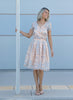 VVC blue floral sequin knee-length skirt with soft salmon base, A-line fit and viscose lining, made in Greece