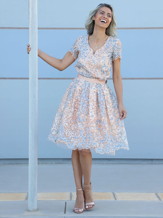 Blue floral sequin tulle top with salmon base tone, small V-neck and matching skirt, luxury VVC eveningwear made in Greece