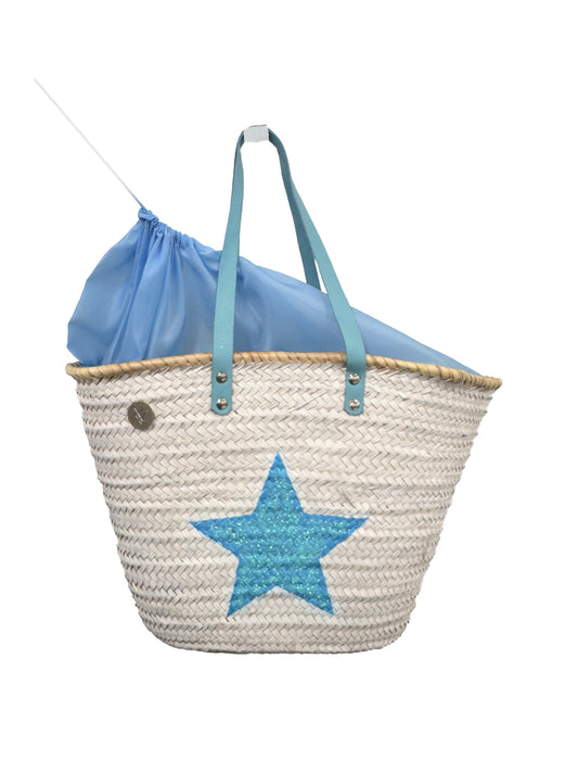 Handmade raffia beach basket with blue star motif and turquoise handles by VVC made for beach holidays in Crete
