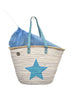 Handmade raffia beach basket with blue star motif and turquoise handles by VVC made for beach holidays in Crete