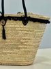 VVC boho beach basket with black leather shoulder handles and white drawstring fall-out protection inlet, handmade summer tote for beach and travel