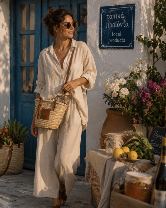 Woman wearing a handmade VVC™ crossbody palm leaf basket with brown leather details. Stylish Mediterranean beach bag, shopping tote and travel companion inspired by life in Crete.