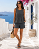 Sleeveless gray floral lace top by Choklate Paris styled with matching shorts and flat sandals in Sitia Crete, available at VVC SHOP Sitia and online