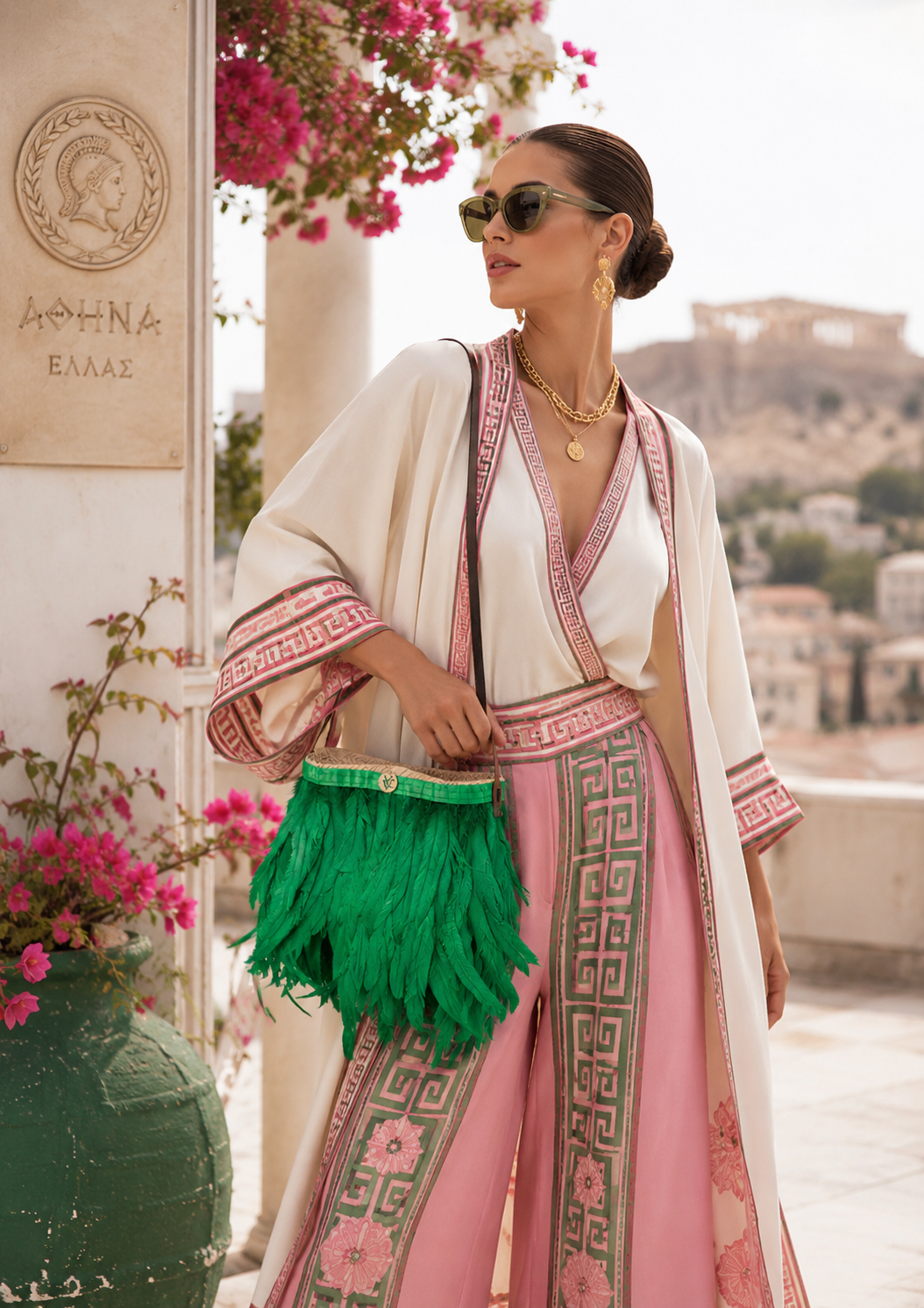 Luxury VVC™ green feather handbag styled in Athens, Greece with contemporary resort wear and Mediterranean fashion inspiration.