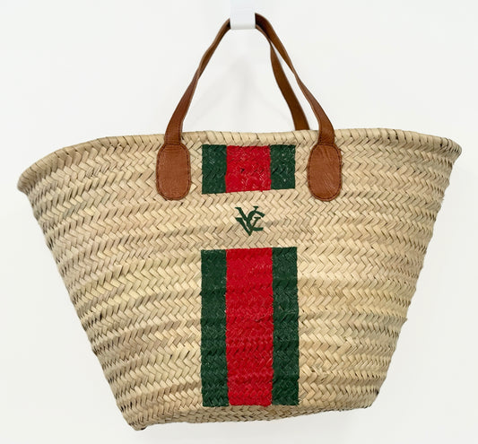VVC handmade palm leaf basket with green and red stripe design and leather handles for beach, market and shopping use.