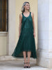 Front view of green maxi dress with black sequin check pattern and loose fit by VVC™, made in Greece.