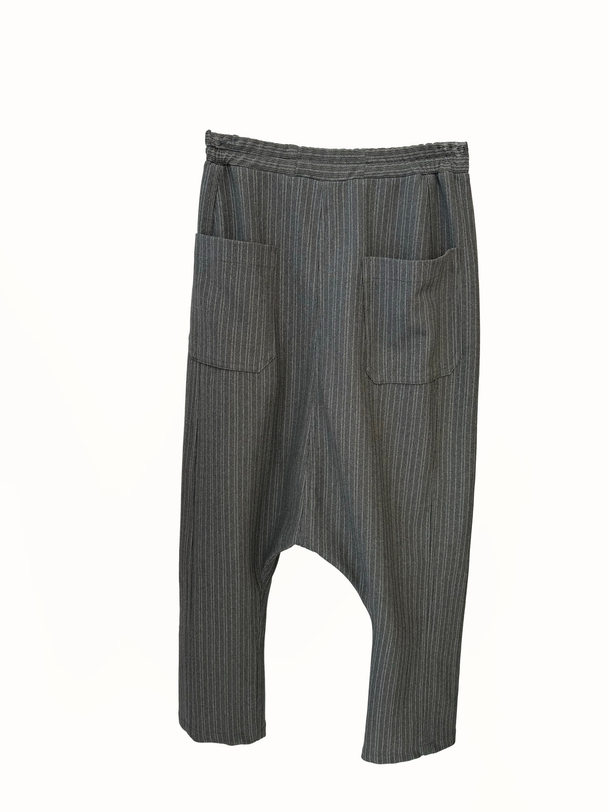 Flat-lay back view of VVC grey striped harem trousers showing their relaxed low-crotch shape.