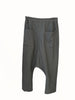 Flat-lay back view of VVC grey striped harem trousers showing their relaxed low-crotch shape.