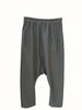 Flat-lay front view of VVC grey striped harem trousers with tapered legs and a relaxed low-crotch cut.