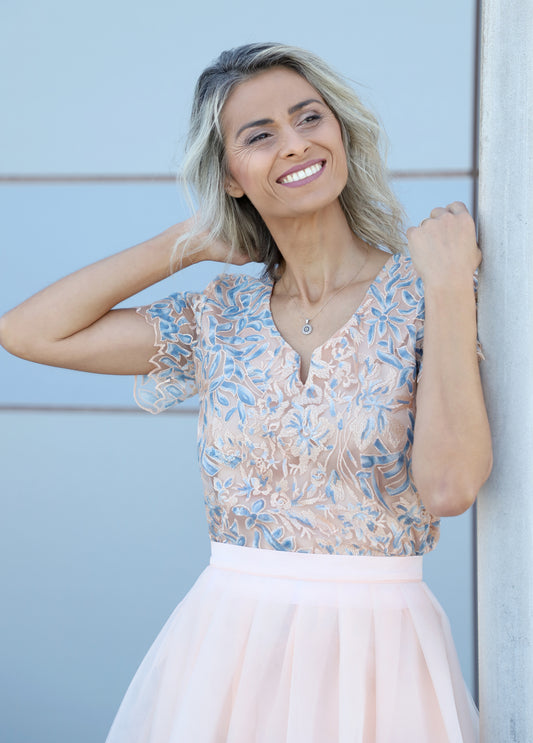 VVC hand-embroidered blue floral sequin top with soft salmon skirt, luxury made in Greece fashion at VVC SHOP Sitia Crete