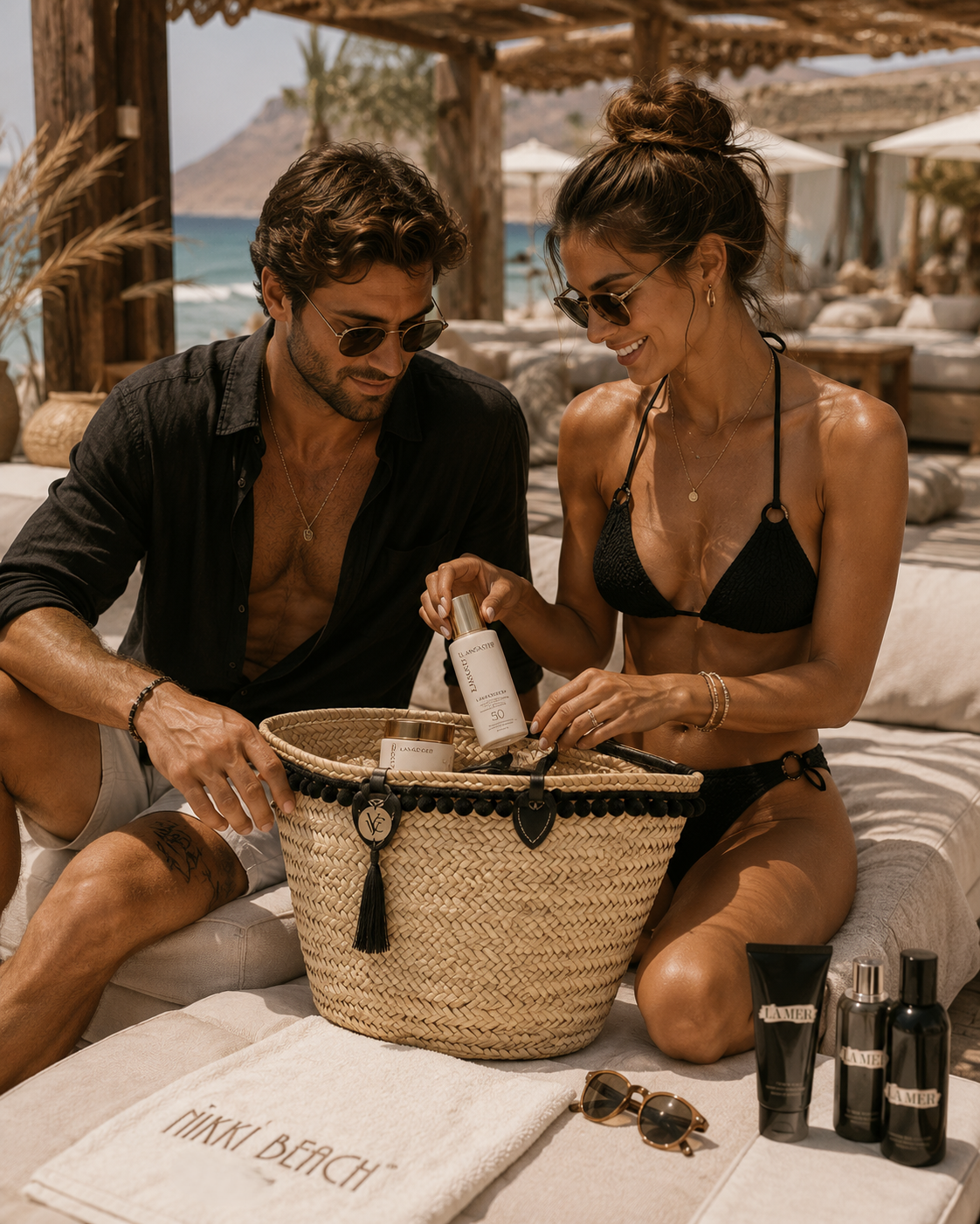 Handmade VVC basket with black pompom lace styled at a Mediterranean café in Crete, elegant boho summer basket for travel, shopping and holidays
