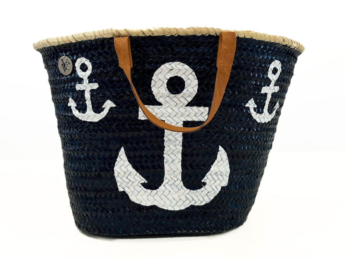 Handmade VVC™ anchor beach basket inspired by Mediterranean sailing life. A unique gift for her, luxury travel tote and beach bag available online and at the VVC Shop in Sitia, Crete.