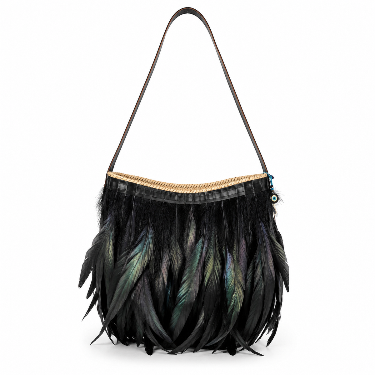 Front view of the VVC handmade black raffia shoulder bag decorated with iridescent black feathers.