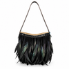 Front view of the VVC handmade black raffia shoulder bag decorated with iridescent black feathers.