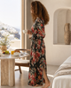 VVC handmade black floral silk kimono made from Dolce & Gabbana fabric, styled in a luxury Greek hotel suite for morning breakfast