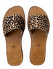 Top view of VVC™ handmade leopard print cowhide leather sandals with tan leather footbed and visible stitching, available online at viktoria-vigh.com