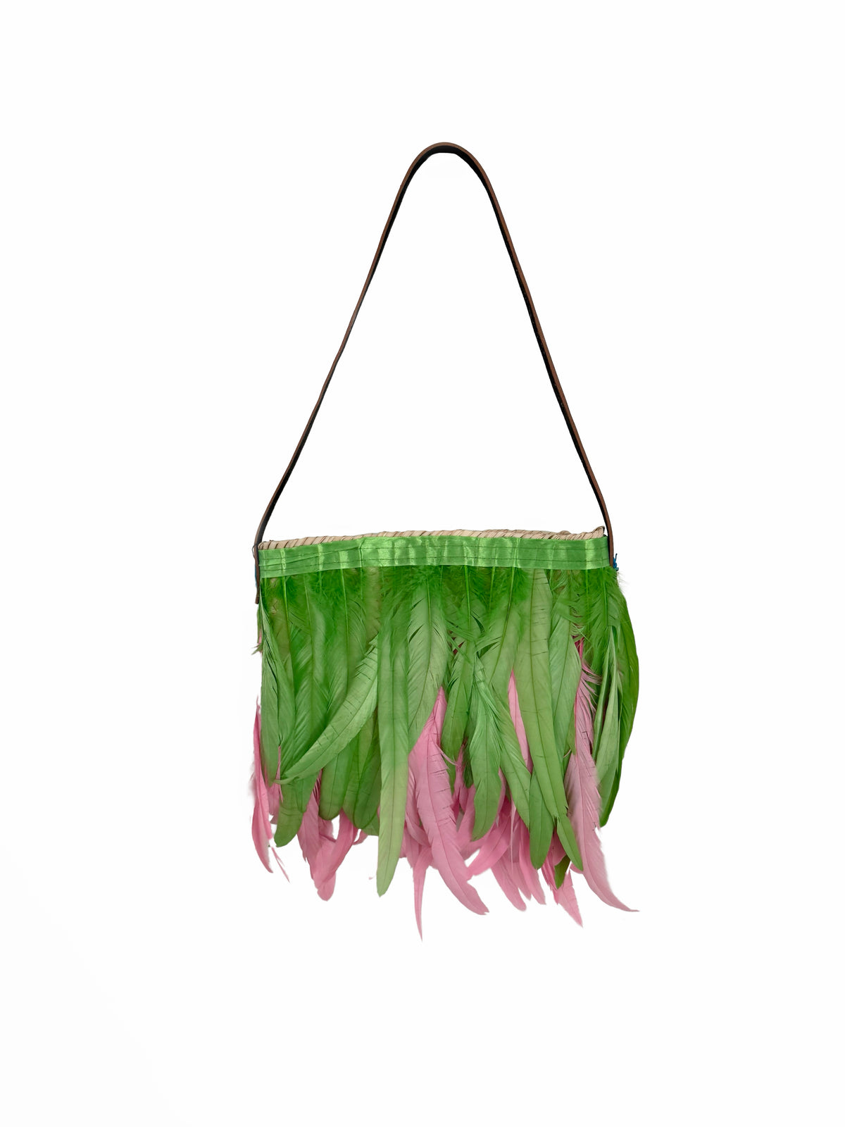 VVC handmade raffia shoulder bag with green and light pink feathers, 45 cm shoulder handle, lightweight summer accessory made in Greece