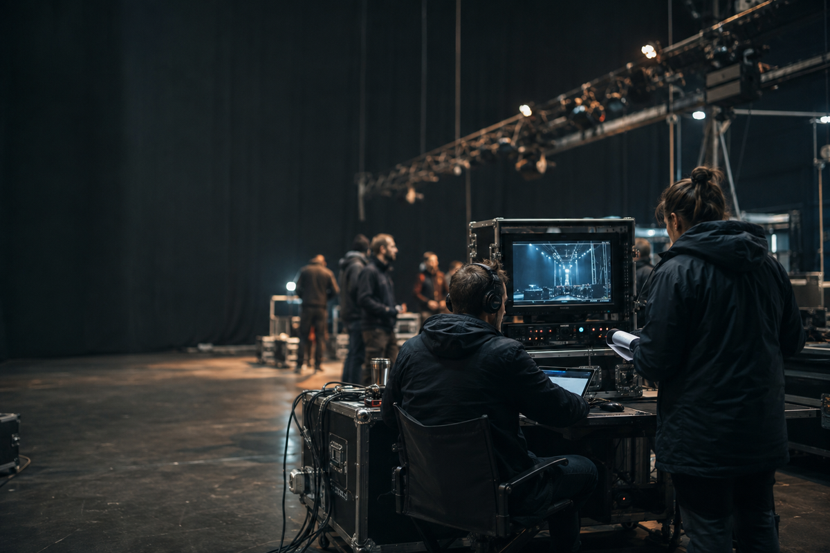 International project and production operations backstage with technical crew, equipment and live event coordination.