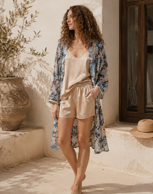 VVC Italian silk kimono styled with matching beige silk top and shorts, elegant 2026 resort outfit inspired by Mediterranean slow fashion in Crete