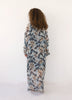Back view of VVC Italian silk kimono with blue floral print, long handmade silk layer for elegant resort wear, travel and slow fashion styling