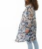 Side view of VVC Italian silk kimono with blue floral print on white background, one size handmade silk layer made in Sitia, Crete