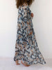 Side view of VVC Italian silk kimono with blue floral print, handmade one-size silk kimono made under fair trade conditions in Sitia, Crete