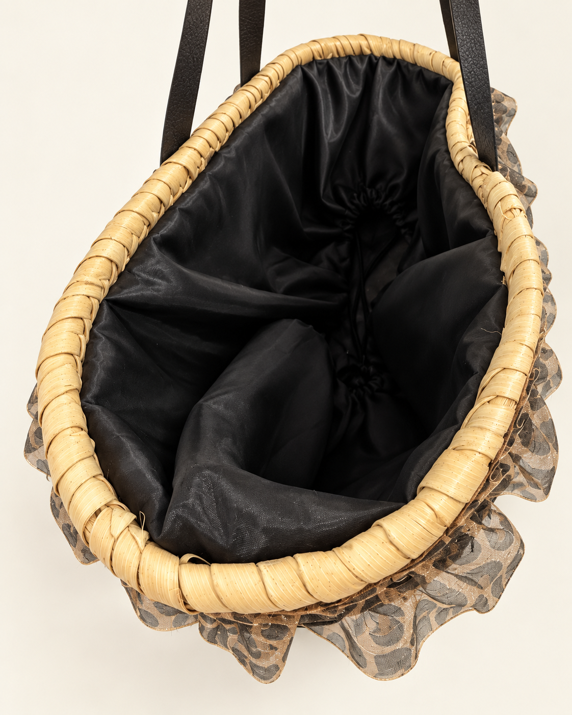 Black drawstring fall-out protection lining inside VVC™ large black raffia basket bag
