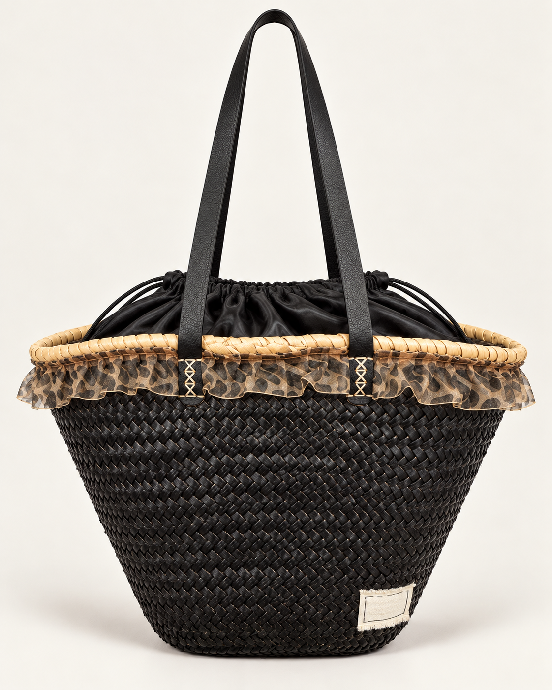 Back view of VVC™ large black raffia basket bag with leopard-print drawstring lining