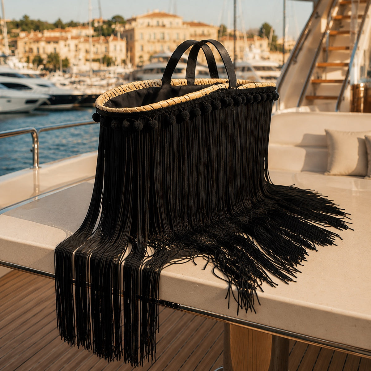 A black fringed tote bag with pom-pom trim and double top handles, resting on the cream-colored deck of a yacht with a marina and buildings in the background,vvc shoo sitia, made by VVC TM