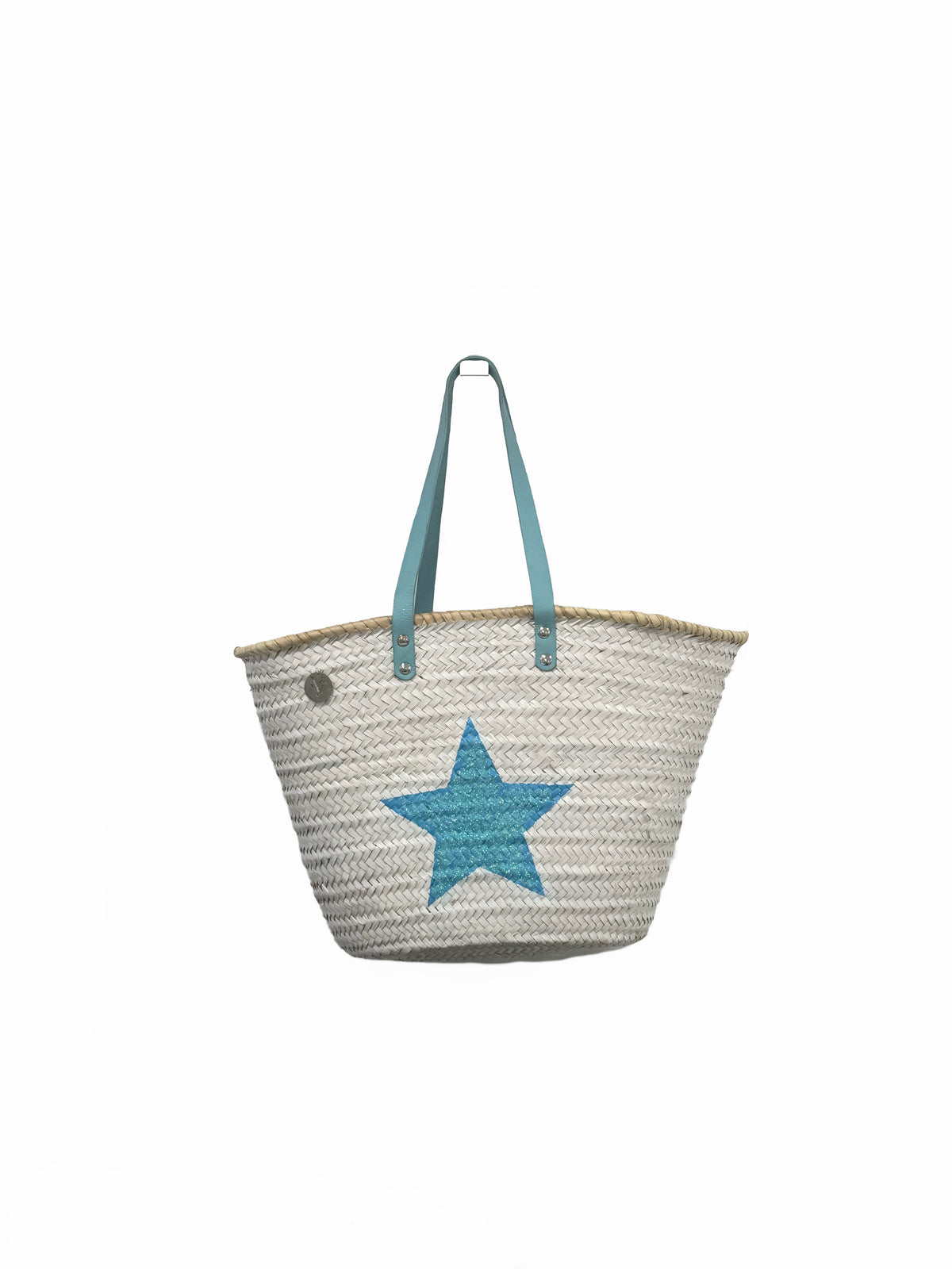 Large handmade beach bag with blue star design and shoulder handles ideal for family beach days in Greece