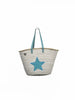 Large handmade beach bag with blue star design and shoulder handles ideal for family beach days in Greece