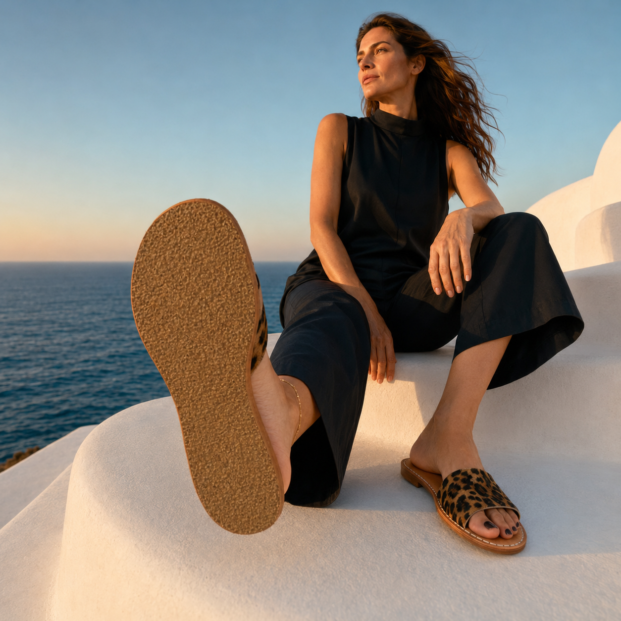 A woman sits on white architectural steps by the sea at sunset, wearing dark navy clothing and leopard-print slide sandals with one foot raised to show the sole.