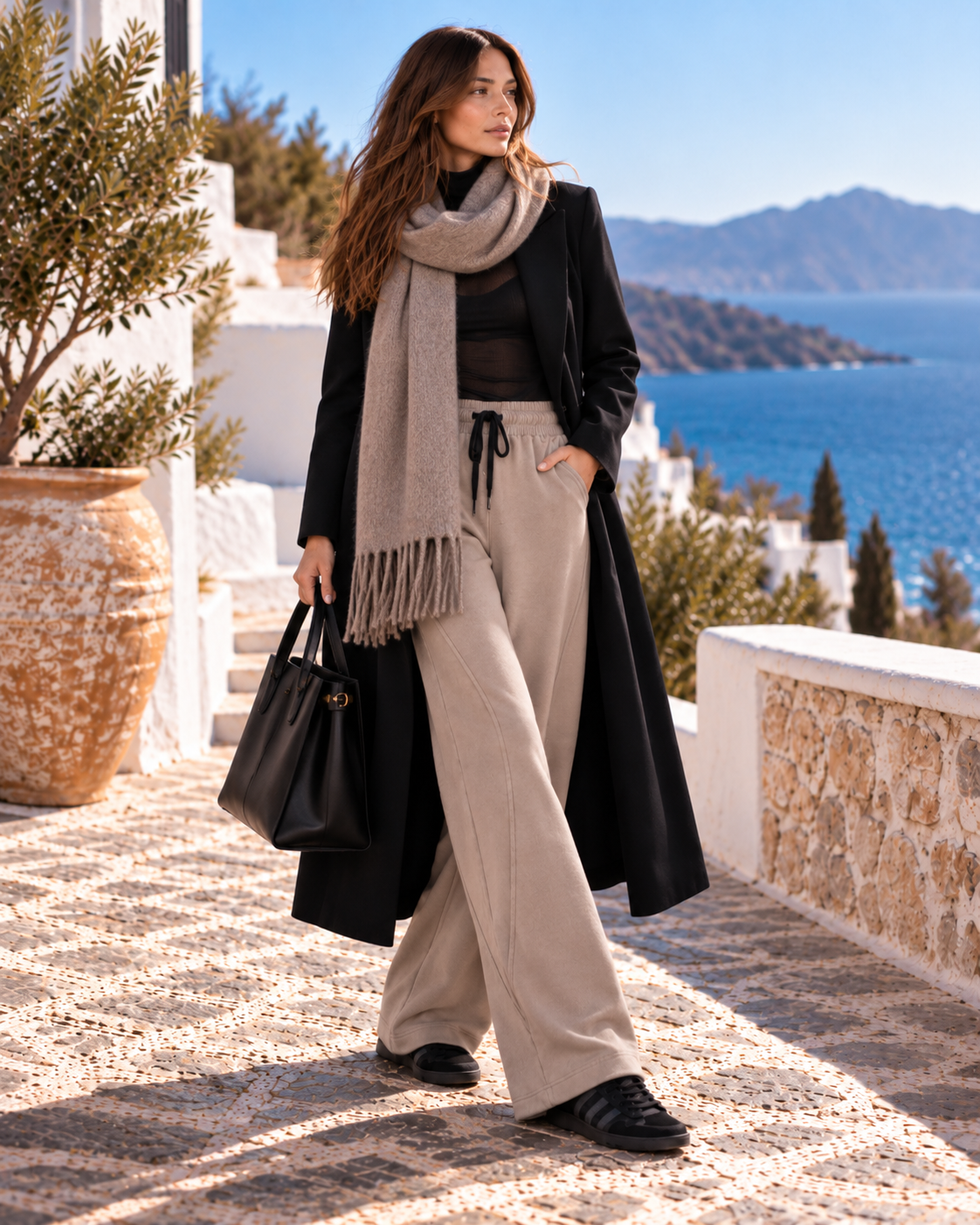 VVC long black A-line blazer styled with MICHAELA Mii wide leg lounge pants, black drawstring, wool scarf and black trainers in a winter setting in Sitia, Crete.