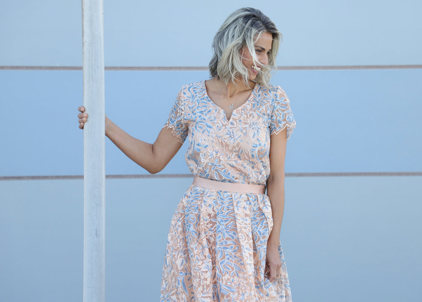 Luxury VVC blue floral sequin top and skirt set with romantic salmon base, elegant feminine occasion wear made in Greece