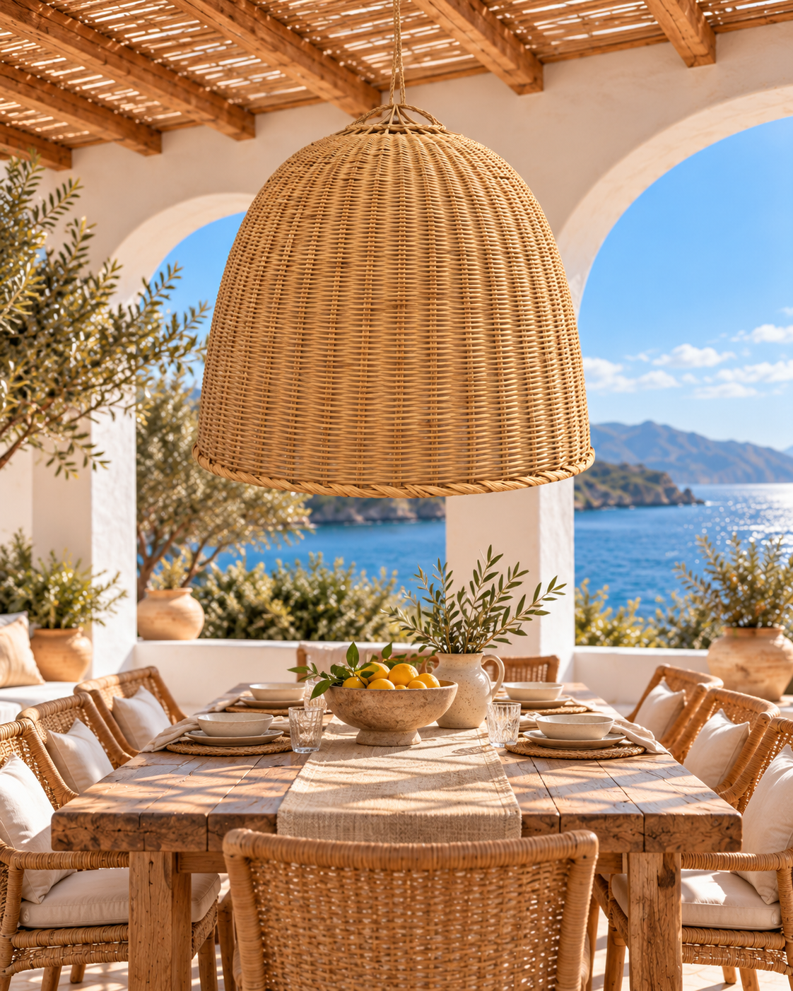 VVC Monumental natural raffia lampshade 113 cm hanging above a rustic Mediterranean dining table on a covered sea-view terrace