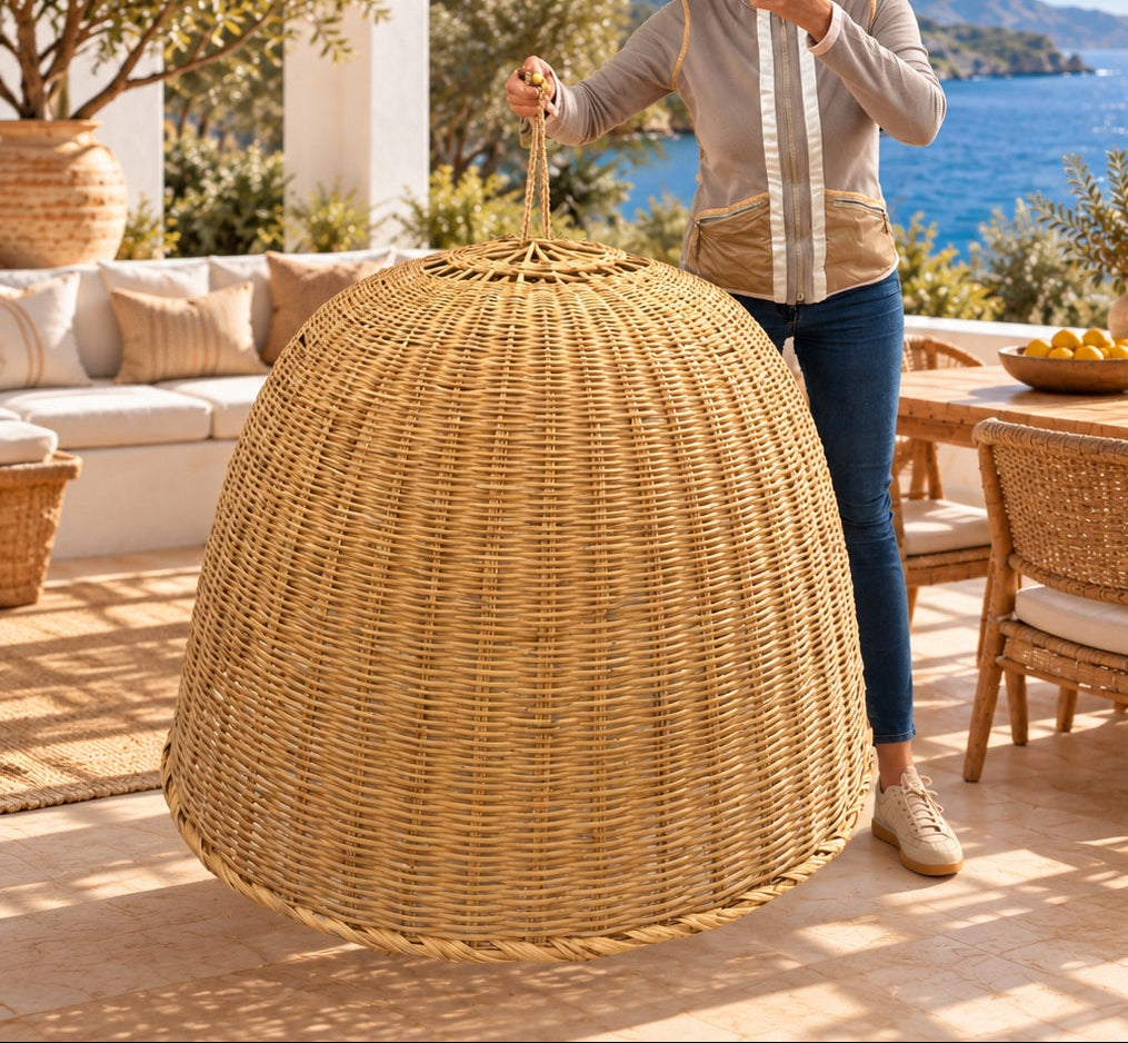 VVC monumental raffia lampshade beside a 176 cm tall person showing the oversized 113 cm scale