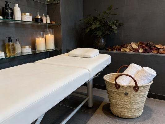 Handmade palm leaf basket for towels, toiletries and spa essentials in a luxury Mediterranean bathroom.