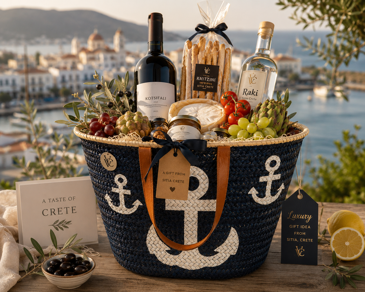Handmade VVC™ anchor beach basket inspired by Mediterranean sailing life. A unique gift for her, luxury travel tote and beach bag available online and at the VVC Shop in Sitia, Crete.