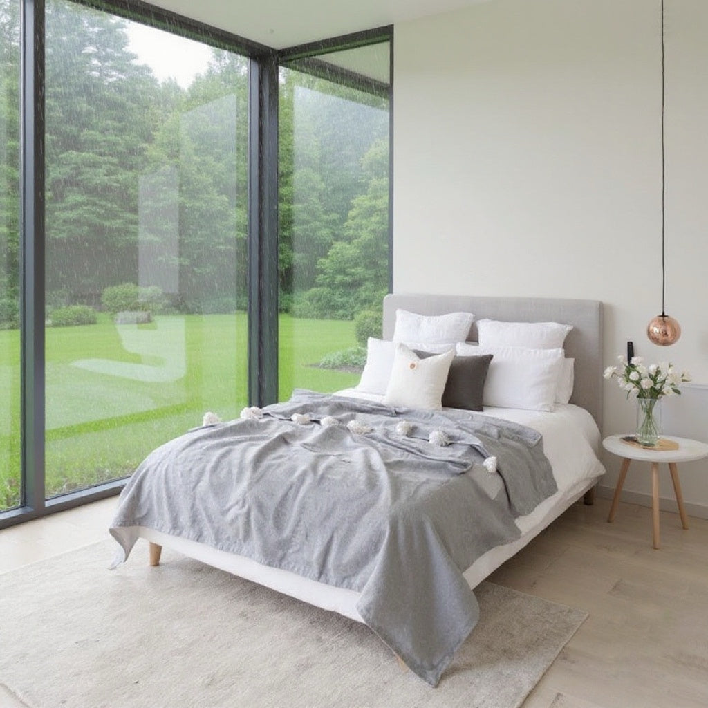 light gray with white pompom organic cotton blanket adding warmth and style to home décor by VVC™ Morocco.