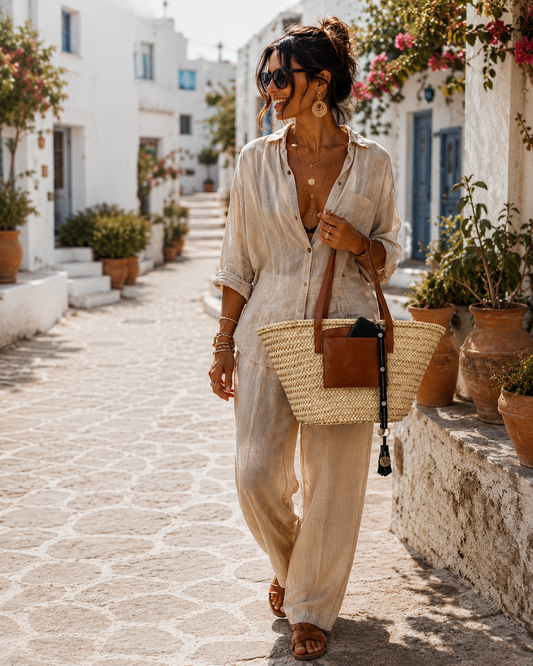 Handmade VVC™ woven palm leaf basket with leather pocket and leather handles, styled for storage, laundry and home décor in a Mediterranean interior setting.