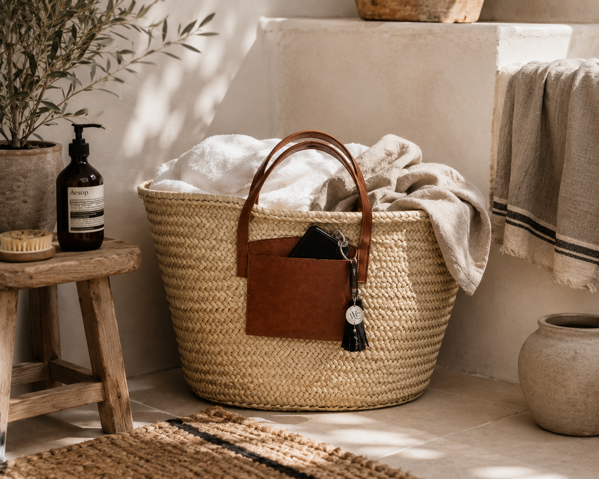 VVC™ handmade palm leaf basket with leather handles and leather pocket used as a luxury laundry basket in a Mediterranean-inspired home interior.