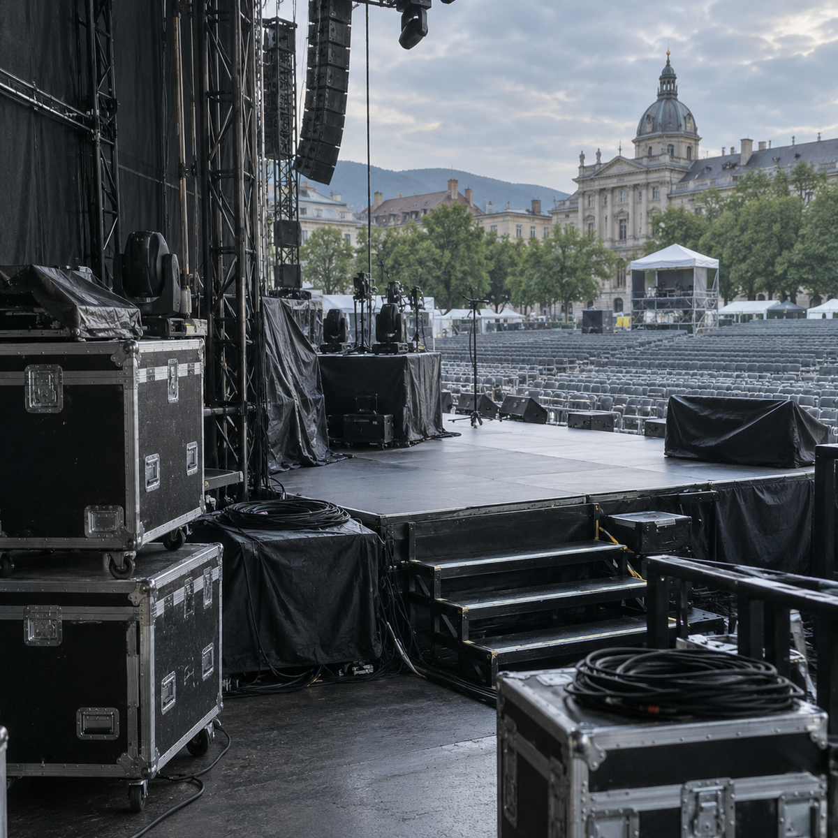 Flight cases and stage equipment during a European live event load-out.
