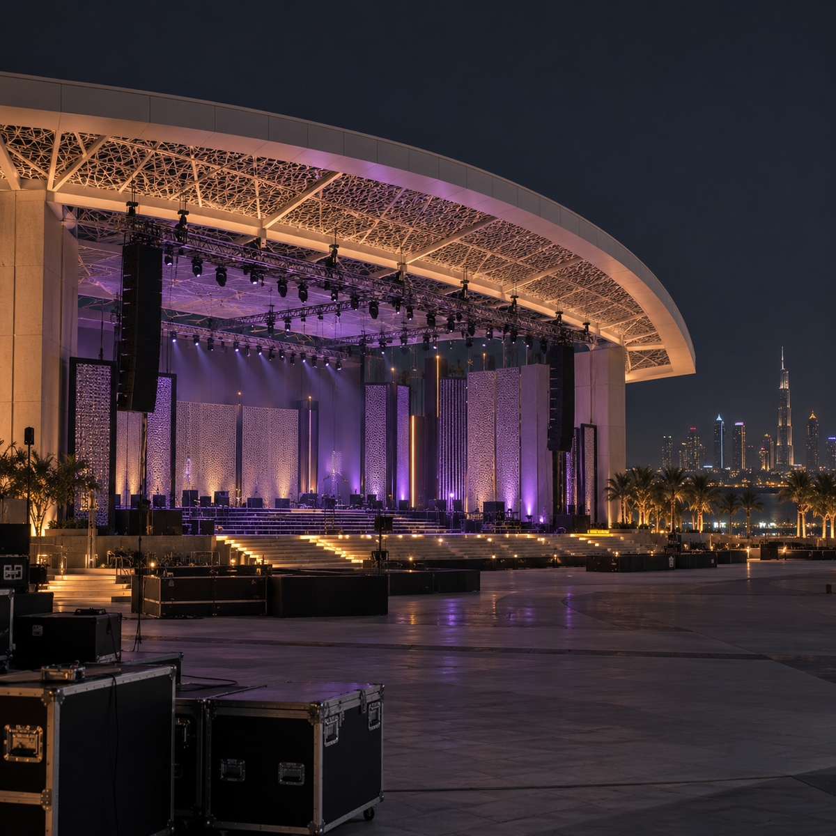 Illuminated outdoor stage during a live event production in Dubai, UAE.