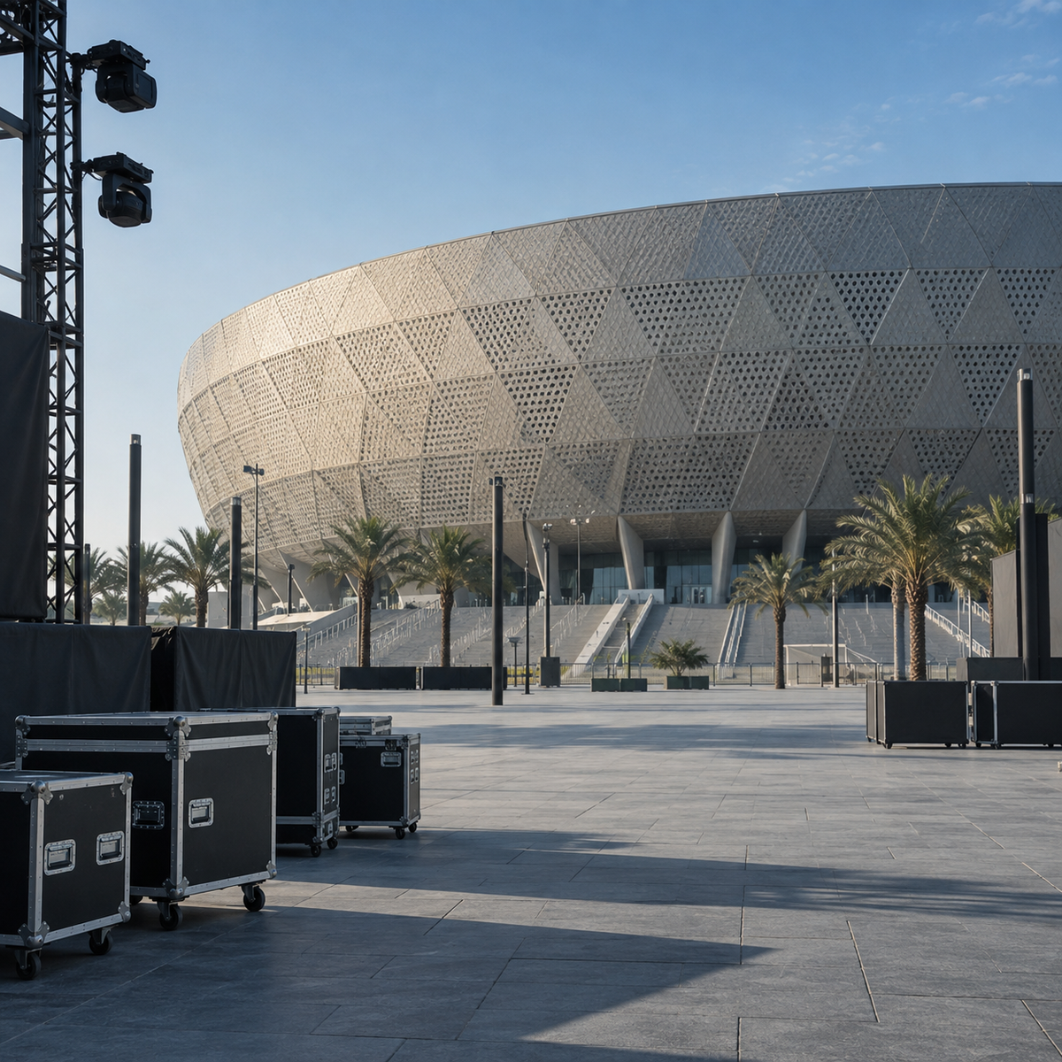Production road cases outside a stadium in Doha, Qatar, prepared for an international live event.
