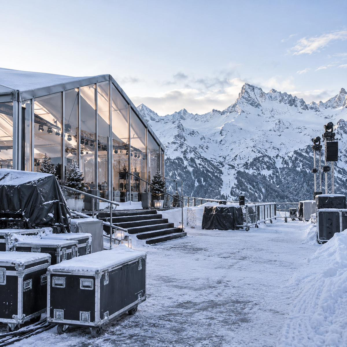 Flight cases at an outdoor winter event production in the Alps.