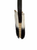 Side detail of a VVC handmade raffia fringe shoulder bag showing artisan craftsmanship, black and white ombré fringes and a premium leather shoulder strap.