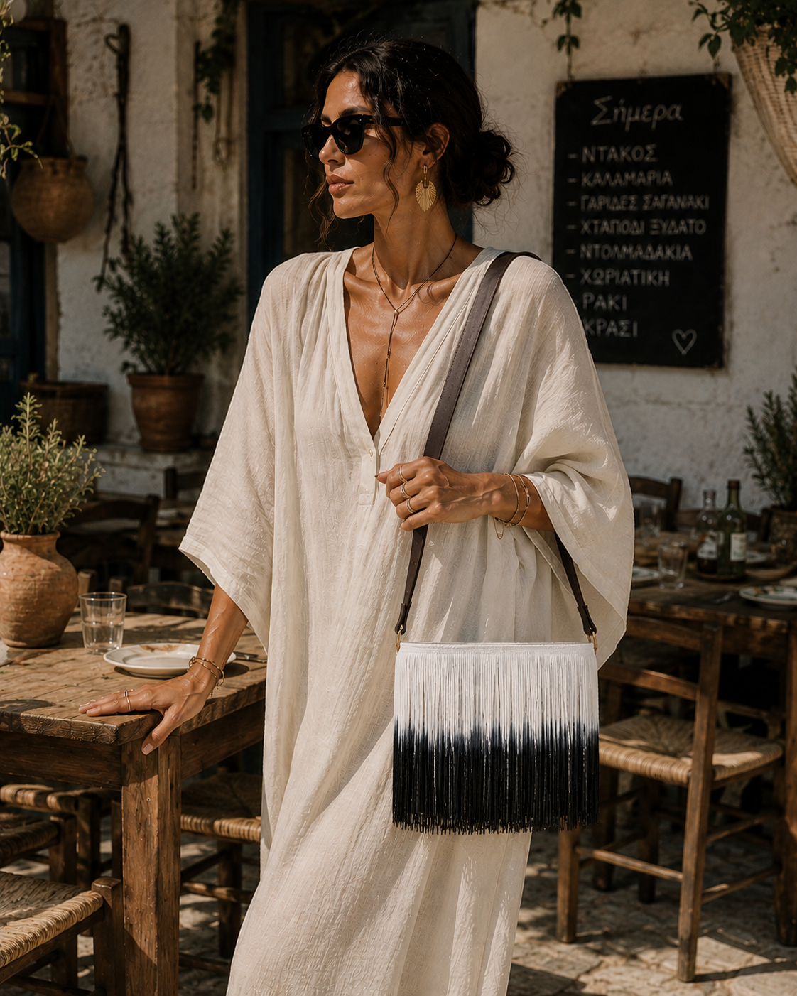 VVC raffia fringe shoulder bag styled with a white boho dress, black and white ombré summer handbag for resort wear