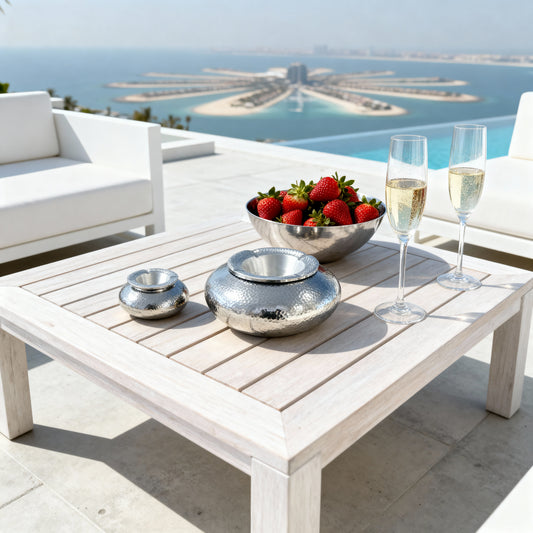 Large VVC silver hammered aluminium outdoor ashtray styled on a poolside table with strawberries and champagne in Sitia, Crete.