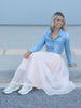 VVC soft peach tulle skirt with blue shirt, elegant special event outfit for wedding guests, baptisms and resort wear in Sitia Crete