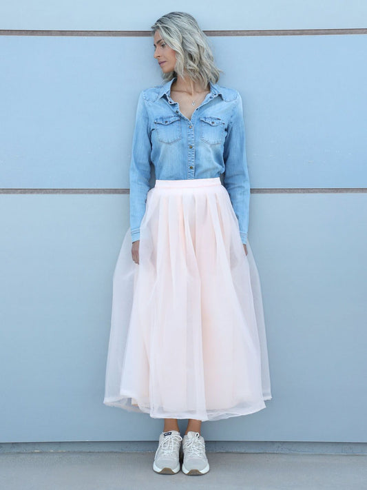 VVC soft peach tulle skirt made in Greece, elegant occasion wear for special events, summer dinners and weddings in Sitia Crete